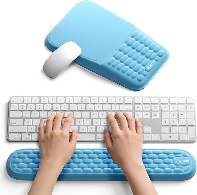 Vaydeer Wrist Rest for Computer Keyboard &amp Mouse Pad Set – Blue Ergonomic Memory Foam Wrist Support Non-Slip Keyboard Wrist Rest &amp Soft Mouse Pad for Typing Comfort &amp Wrist Pain Relief