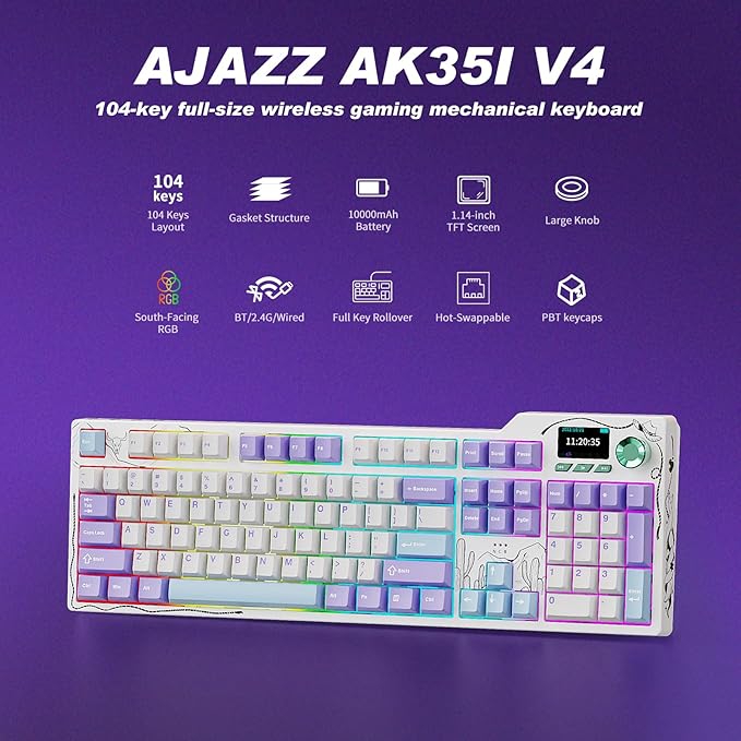 Ajazz AK35I V4 Customizable Wireless Gaming Mechanical Keyboard Wired/Wireless 2.4G/BT Gasket Structure 10000mAh Battery Full-Color RGB 1.14-inch Color Screen Knob Multi-Function Keys.