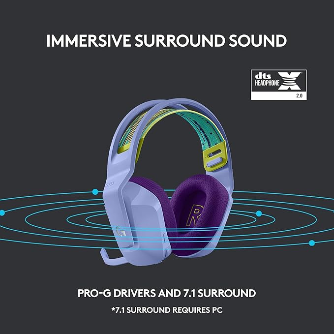 Logitech G733 Lightspeed Wireless Gaming Headset with Suspension Headband LIGHTSYNC RGB Blue VO!CE mic Technology and PRO-G Audio Drivers - Lilac
