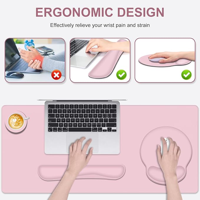 Mouse Pad Desk Pad Protector Keyboard Wrist Rest + Mouse Pad Wrist Rest +Coaster Large Gaming Pad for Computer Keyboard Laptop XXL Desk Mat Writing Pad for Office and Home Pink