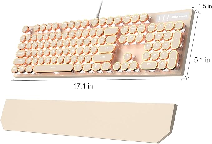 MageGee Typewriter Mechanical Gaming Keyboard Retro Punk Creamy Round Keycaps 104 Keys LED White Backlit Wired Keyboards for Laptop MAC PC Gamer with Magnetic Wrist Rest Blue Switch