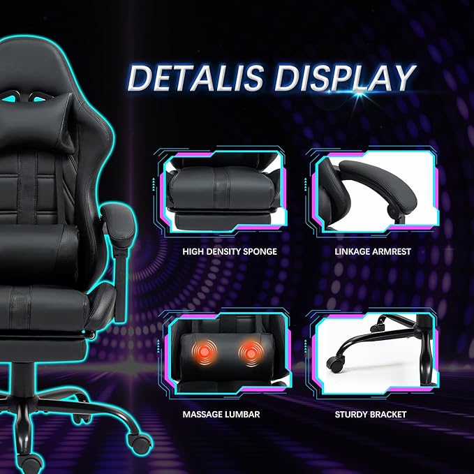 ECOTOUGE Massage Gaming Chair Video Game Chair with Footrest Ergonomic Computer Chair with Headrest and Massage Lumbar Support Height Adjustable High Back Office Desk Chair with 360° Swivel Black