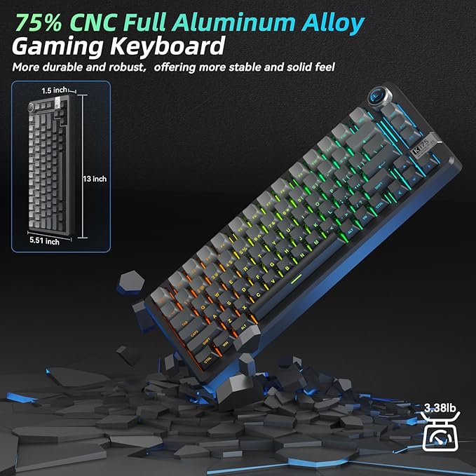 SOLAKAKA KI75 Wireless Mechanical Keyboard Aluminum Gaming Keyboard 75% Hot-swappable Side-Printed PBT Keycaps 2.4GHz/BT5.0/USB-C RGB Backlit Creamy Keyboards with Knob for PC/Laptop/Mac