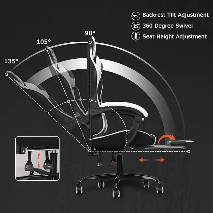 Gaming Chair with Linkage Armrest &amp Footrest High Back Video Gaming Chair Black/White