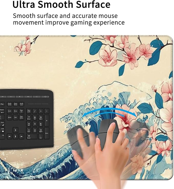 Japanese Sea Wave Extended Large Mouse Pad for Desk 48x24 Big Gaming Mouse Pads with Stitched Edges Non-Slip Rubber Base Computer Desk Mat Mouse Mat for Home Office Work