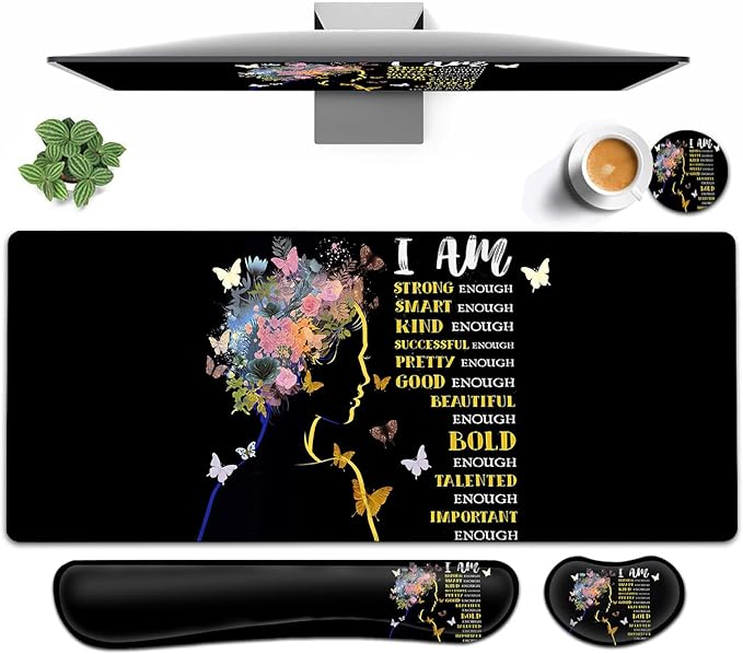 Large Mouse pad and Keyboard Support Set Ergonomic Memory Foam Keyboard Wrist Rest Extended Gaming Mouse Pad Woman Silhouette Inspirational Quotes XXL Desk Mat (31.5 X 11.8 in)