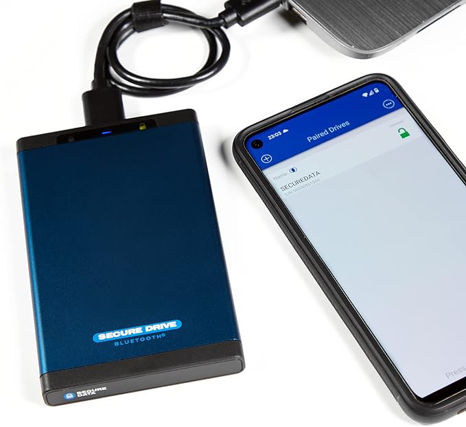 SecureData SecureDrive BT 2TB Hardware Encrypted USB 3.0 Ext Drive FIPS 140-2 Level 3 Unlock via Phone app TAA Compliant CJIS HIPAA CMMC GDPR Compliant Works with Mac and Win Free AV