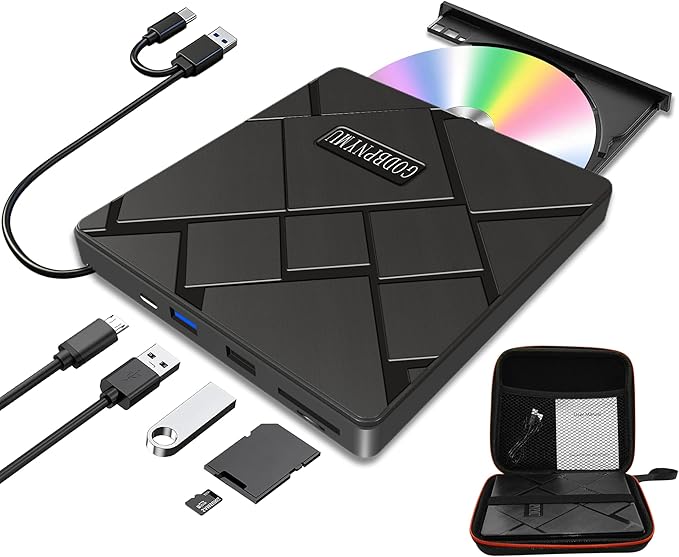 External CD/DVD Drive USB-C/USB 3.0 CD Burner DVD Player Compatible with MacBook iMac Windows 11/10/8/7 laptops and PCs Portable disc Reader with Carrying case
