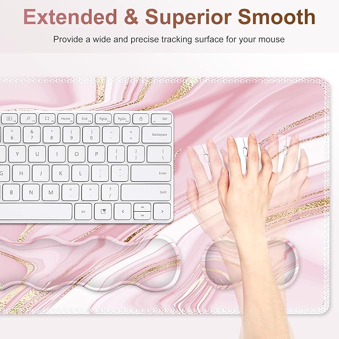 Gaming Mouse Pad Keyboard Wrist Support 4 in1 Mousepad Set with Wrist Keyboard Rest Computer Desk Mat Non-Slip Desk Pad Protector with Memory Foam Easy Typing Pain Relief I Pink Gold Marble