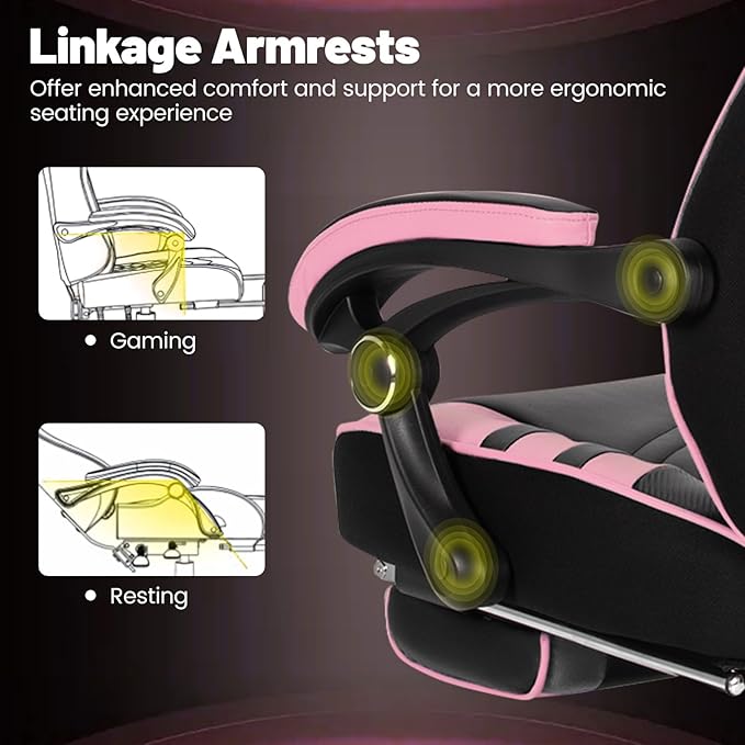 Goplus Gaming Chair Computer Chair with Footrest and Lumbar Support Height Adjustable Executive Swivel Rolling Task Chair with 90°-155° Tilt Function (Pink)