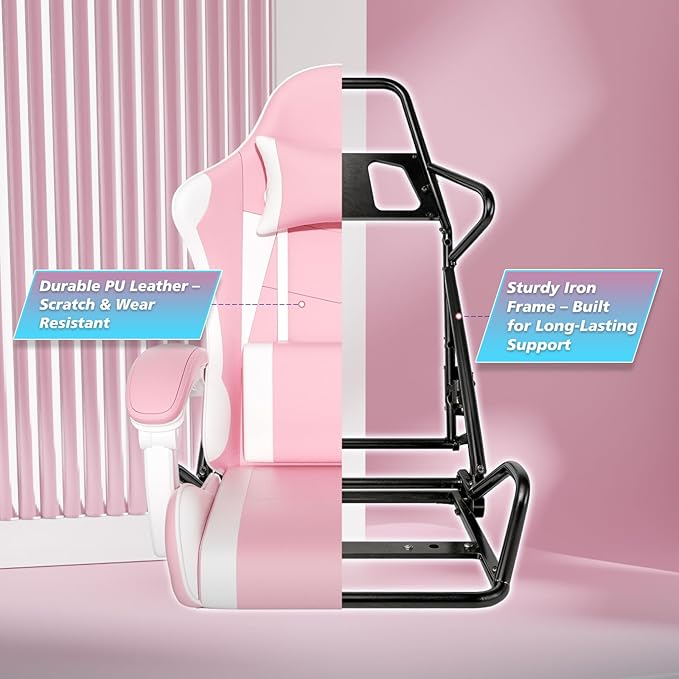 Magshion Gaming Chair Ergonomic Computer Chair with Linkage Armrests Height Adjustable Video Game Chair with Footrest and Headrest for Silla Gamer and Adults 350 Lbs Capacity Pink/White