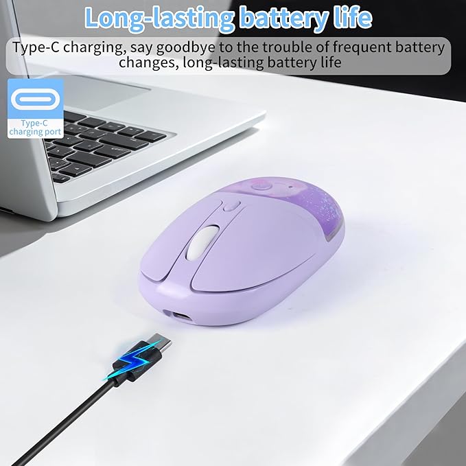 Bluetooth Wireless MouseCreative Floating Cartoon Rabbit Animal MiceRGB Backlit Rechargeable Triple Mode(Dual Bluetooth+USB) Computer Silent Mouse with USB Receiver for Laptop/MacBook/iPad/PC-Purple