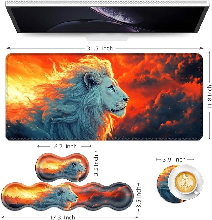 Keyboard Mouse Pad Set Extended Gaming Mouse Pad+Ergonomics Keyboard Wrist Rest Support Memory Foam Easy Typing Pain Relief 4Pcs XL Ultra Thick Desk MatLion Sunset