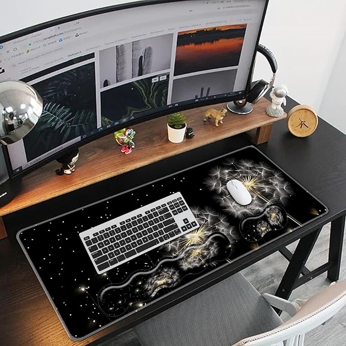 Keyboard Mouse Pad SetLarge Mouse Pad+Keyboard Wrist Rest+Wrist Support+Coaster31.5x11.8in Extended Desk Mat for Computer Laptop Office Home-Dandelion