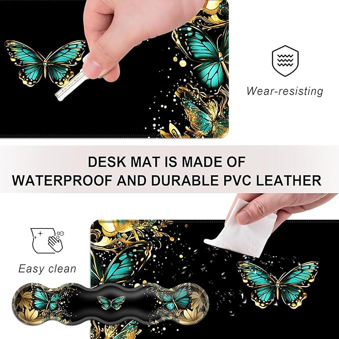 Mouse PadLarge Desk Mat Set 4in1 XL Mousepad + Keyboard Wrist Rest+Mouse Wrist Rest+Coaster with Ergonomic Desk Pad for Home Office Table Computer Cover -Golden Turquoise Butterfly