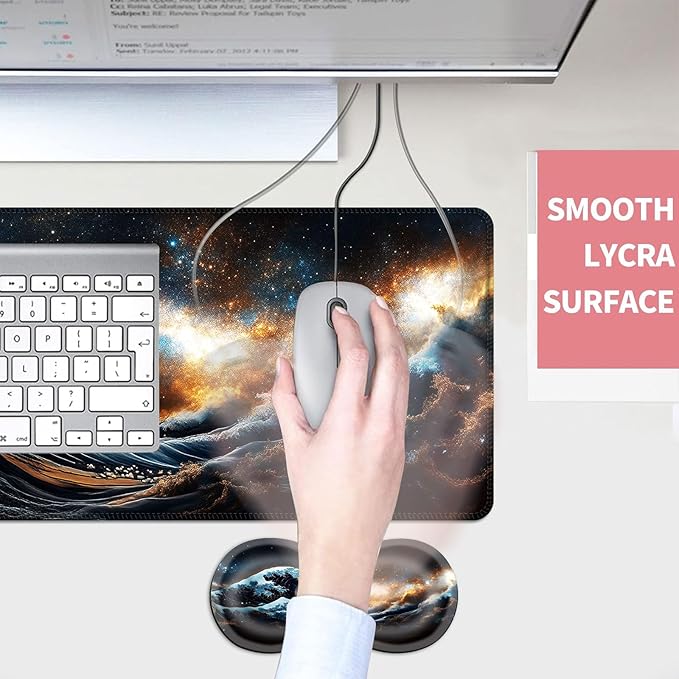 Mouse PadLarge Desk Mat Set 4in1 XL Mousepad + Keyboard Wrist Rest+Mouse Wrist Rest+Coaster with Ergonomic Desk Pad for Home Office Table Computer Cover -Starry Night Great Wave