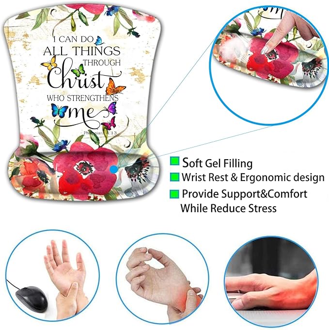 Mouse Pad with Wrist Support Ergonomic Memory Foam Keyboard Wrist Rest Comfortable Mouse Pad for Gaming/Working Gel Desk Pad Non-Slip PU Base Philippians 4-13 Watercolor Red Flower White Mousepads