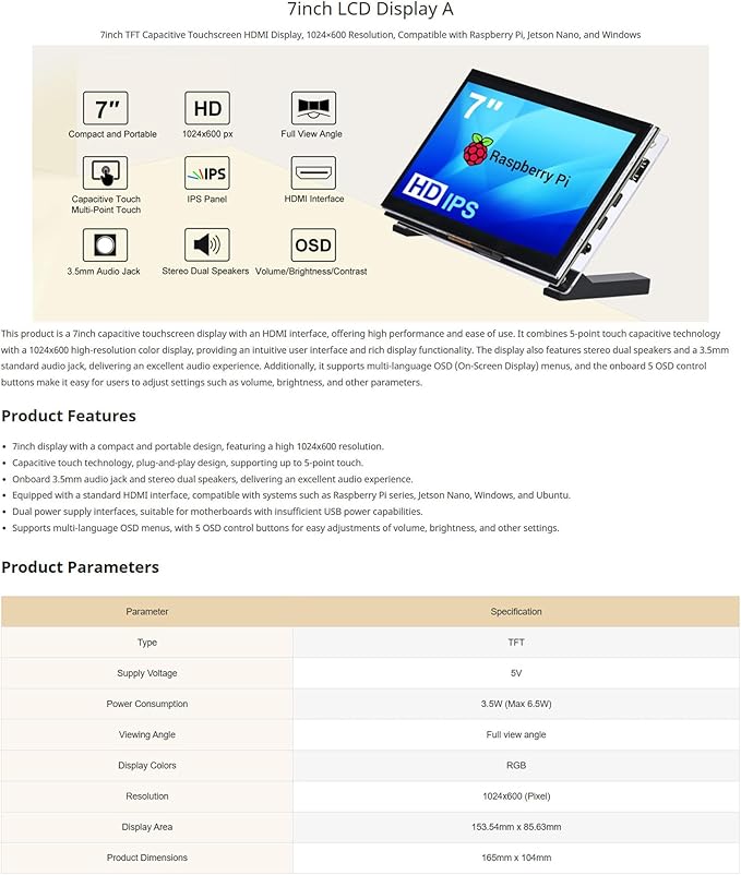 7inch HDMI Display TFT Capacitive Touchscreen 1024×600 Resolution Compatible with Raspberry Pi Jetson Nano Windows 5-Point Multi-Touch Stereo Speakers Audio Jack &amp OSD Controls