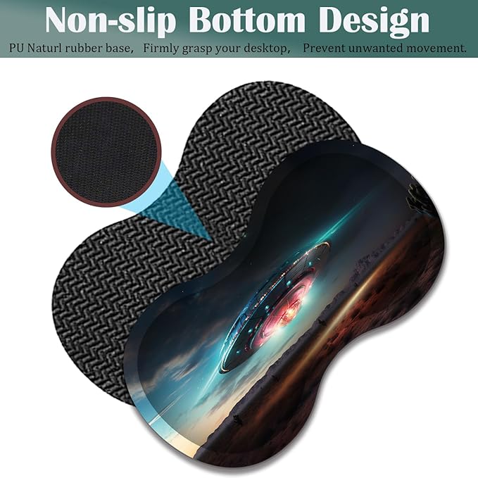 Large Game Mouse Pad + Wrist Support Pad + Coffee Coaster Desk Pad with Sewn Edges Anti-Slip Set pad Suitable for Office Work and Home - Colorful Alien UFO