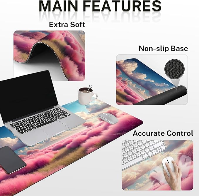 Britimes Dreamy Clouds Pink Plants Keyboard Mouse Pad Set 4in1 Large Mousepad+Keyboard Wrist Rest+Mouse Wrist Rest+Coaster Set with Ergonomic Design for Home Office Computer 35.4x15.7 inches