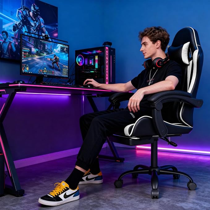 Gaming Chair with Headrest and Lumbar Support Ergonomic High Back Office Chair Racing Style Executive Computer Desk Chair Leather Adjustable Swivel Task Chair for Home Office (White)