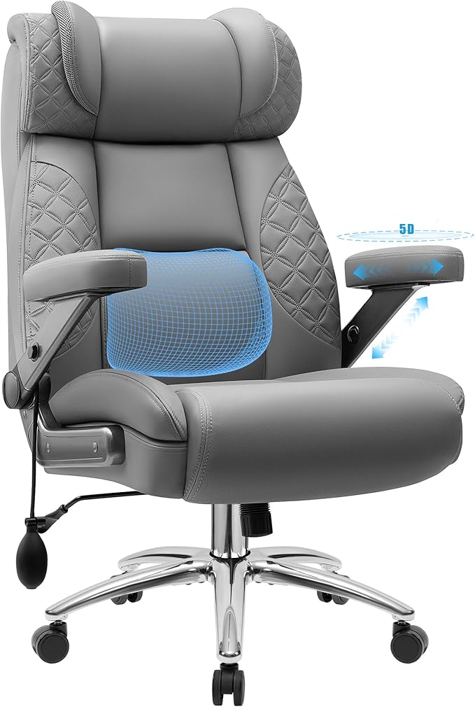 Office Chair 5D Flip Arm Ergonomic Desk Chair with Adjustable Lumbar Support for Back Pain Extra Wide 500LBS Comfy Big and Tall Office Chair Executive Leather Computer Game Chair for Heavy People