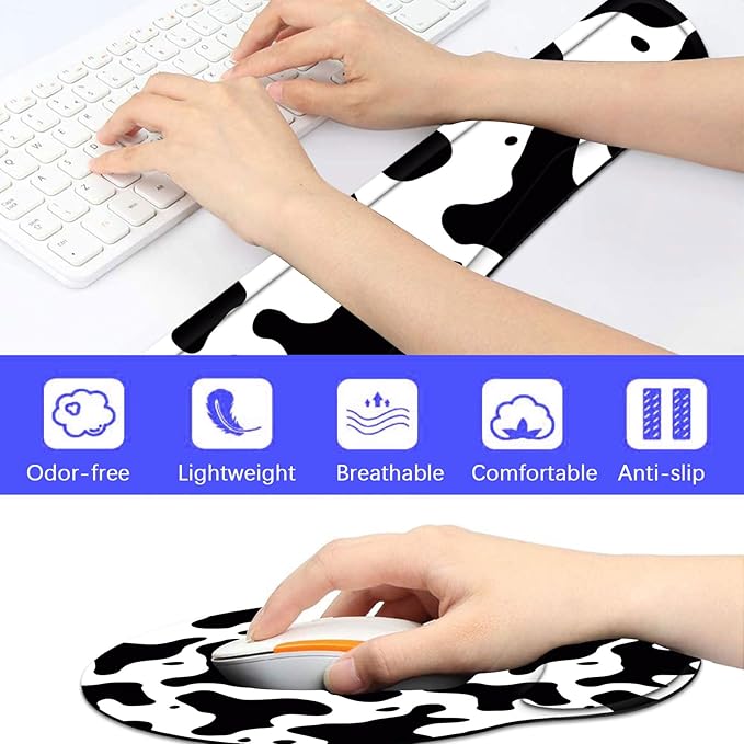 Keyboard Wrist Rest and Mouse Pad Wrist Support Set with CoasterErgonomic Mouse PadComfortable for Easy Typing Pain ReliefMemory Foam Keyboard Pad Set for Laptop MacCow Print