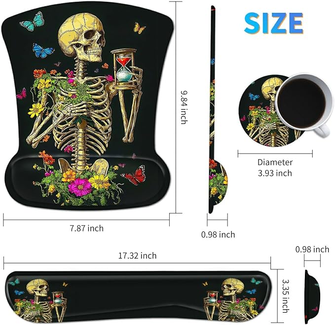 Ergonomic Mouse Pad with Wrist Support Gel Mousepads and Upgrade Keyboard Wrist Rest Pad Set Coasters Non-Slip PU Base Mouse Mat for Office Gaming Computer Laptop Flower Butterfly Skull
