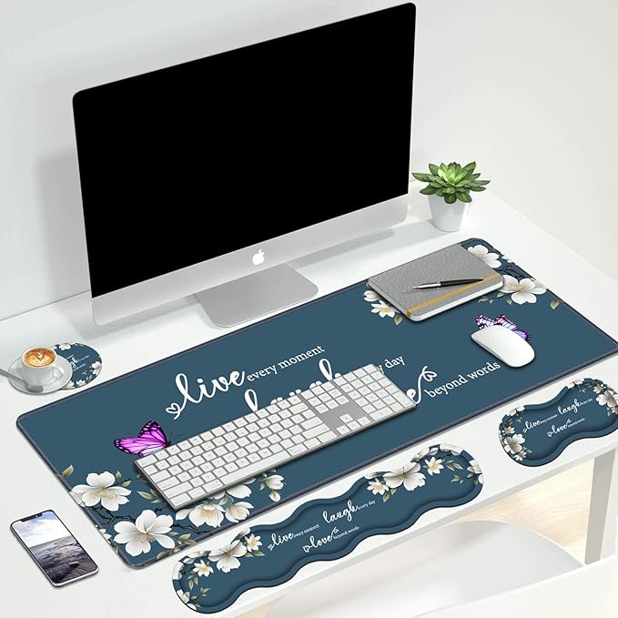4 in 1 Ergonomic Keyboard Wrist Rest &amp Mouse Pad Wrist Rest Set Large XXL Gaming Desk Mat 31.5x 11.8 with Non-Slip Base Memory Foam for Home Office Study Gaming Floral Quote Live Laugh Love