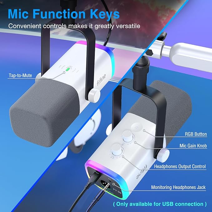 FIFINE Gaming XLR/USB Microphone and Mic Stand BundleRGB Dynamic Mic with Mute ButtonVolume Control Low Profile Boom Arm Kit with Cable Management for Recording Video Creation (AM8W+BM88W)
