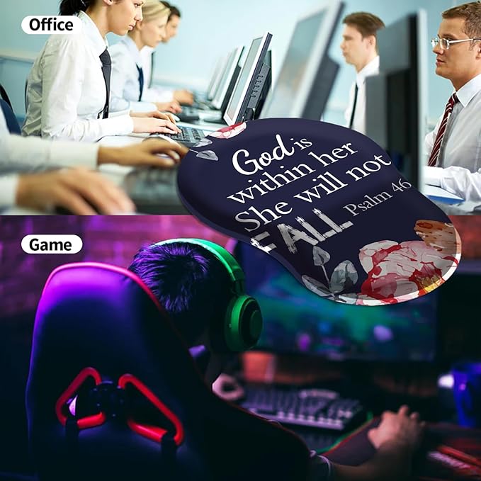 Mouse Pad with Wrist Support Gel Bible Verses Psalm 46-5 Flowers Pattern Design Ergonomic Gaming Mousepad with Wrist Rest for Laptop Computer Home Office Working Mouse Mat + A Cute Coffee Pad