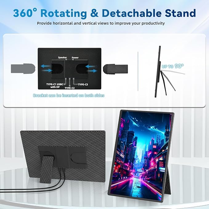 Portable Monitor 16 1200P FHD Laptop Screen Extender Horizontal Vertical Monitors with Detachable Kickstand Built-in Speakers Plug &amp Play Computer Gaming Travel Monitor for Wins Mac Chrome Pho