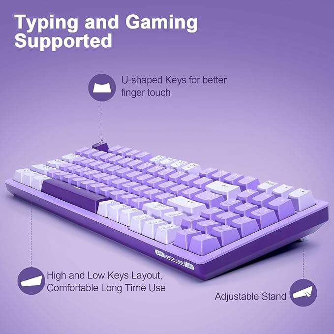 HUO JI Mechanical Gaming Keyboard USB Wired Compact with Number Pad Purple Led Backlit Red Switch Detachable Type C Cable 94 Keys for PC/Computer/Laptop Purple and White
