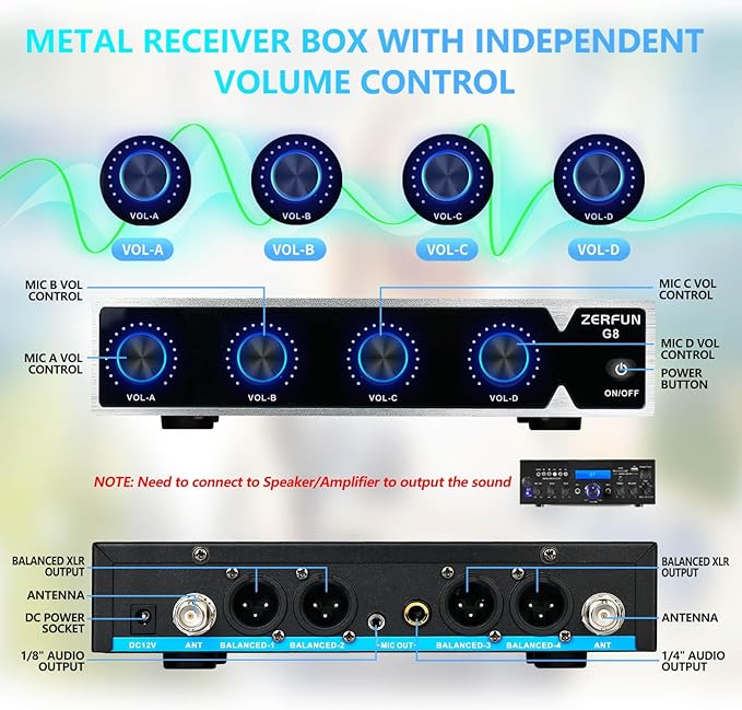 Rechargeable Wireless Microphone System 4 Channel Pro UHF Metal Headset Lavalier Lapel Mics Cordless for Church Karaoke Singing with Volume Control 4x50 Frequency(G8)