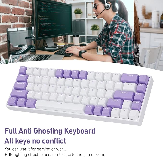 Vikye Mechanical Gaming Keyboard 3 - Modes 68 Keys Hot Swappable Keyboard with RGB Backlight for Laptop PC BT / 2.4GHz / Type - C