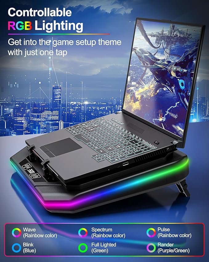 MOUNT PRO Gaming Laptop Cooling Pad RGB Laptop Cooler Stand with Powerful Turbofan (3500 RPM) Height Adjustable Laptop Fan Cooling Pad for 13-19 Inches Notebook with Sealed Foam Touch Control