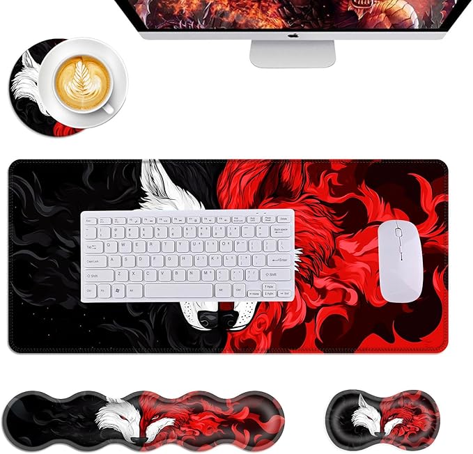 Mouse PadLarge Desk Mat Set 4in1 XL Mousepad + Keyboard Wrist Rest+Mouse Wrist Rest+Coaster with Ergonomic Desk Pad for Home Office Table Computer Cover -Wolf and Fox