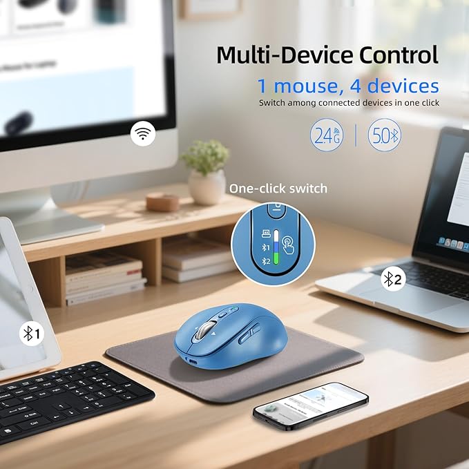 Wireless Bluetooth Mouse RechargeableUSB+BT×2Multi Device Quiet Ergo Computer MousesMetal 4-Way Super Scrolling± 3200 DPI10 ButtonPlug&ampPlayCordless Mice for LaptopTabletMaciPadPCPhone-