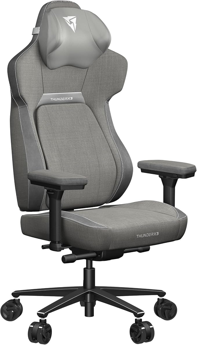 THUNDERX3 CORE Gaming Chair for Adults Ergonomic Office Chair High Back Desk Chair Synchronous Tilt Forward Tilt 360° Self-adjusting Lumbar Support Multipurpose Footrest Fabric Loft Light Grey
