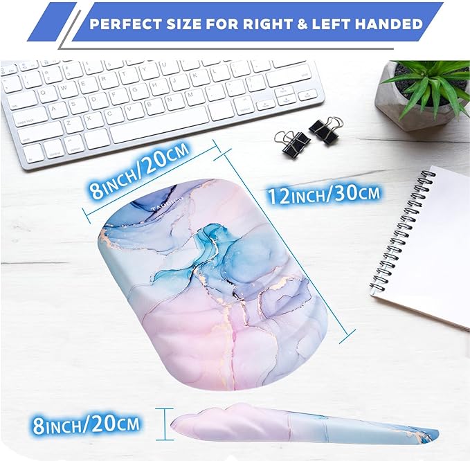 Ergonomic Mouse Pad with Wrist Rest Milk Silk Fabric Durable Silicone Filling Non-Slip Pu Base Massage Design Pain Relief Mousepad for Wireless Mouse and Desk 12x8inch Pink Marble