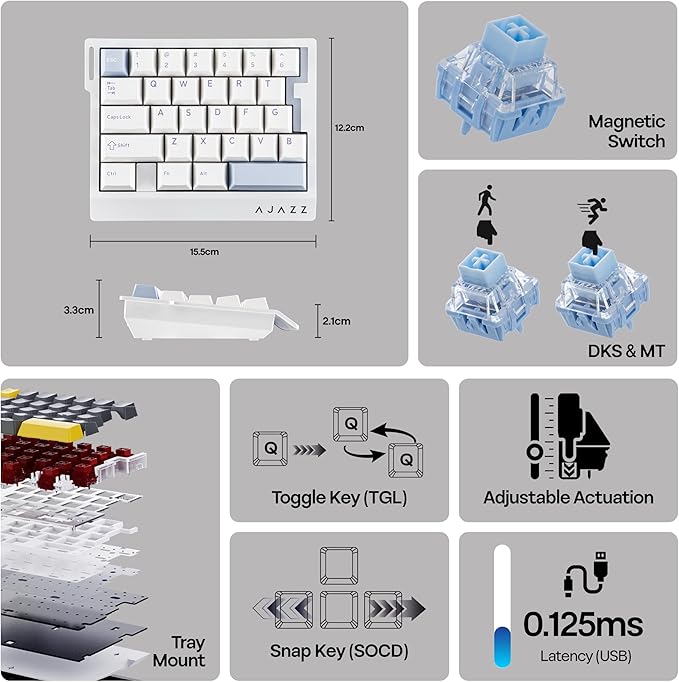 MechLands AJAZZ AK029 One Handed Gaming Keyboard 8Khz Polling 29 Keys Rapid Fast Wired Keyboard SOCD &amp DKS Magnetic Switch Adjustable Actuation RGB Backlits Aluminum Plate (White)