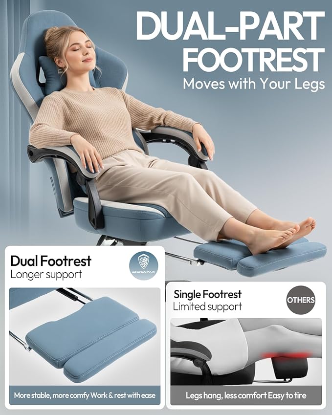 Dowinx Gaming Chair Breathable Fabric Game Chair with Gel Pad and Storage Bag Comfortable Gamer Chair with Pocket Spring Cushion Ergonomic Computer Chair with Footrest Blue and White