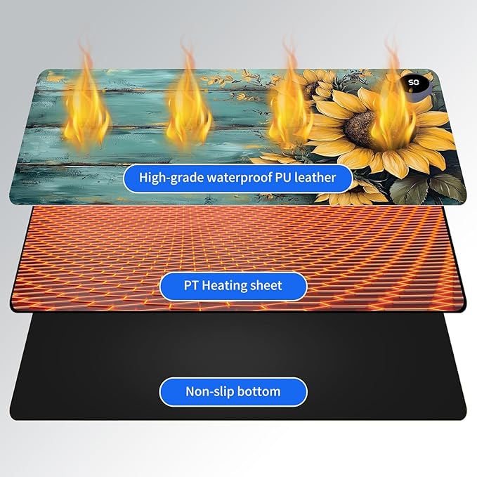 Heated Mouse PadWarm Desk Pad with 3 Levels Heating &amp 3 Hours Auto Shut-Off PU Leather Heated Desk Pad Warmer Pad for Home Office - 31.5 x 13 inchSunflower Blue Wood Grain