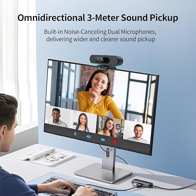 4K Webcam for PC Ultra HD Camera with Dual Microphones Fast Focus Auto Framing 92° Wide FOV Auto Light Correction 5X Zoom USB Webcam Plug and Play