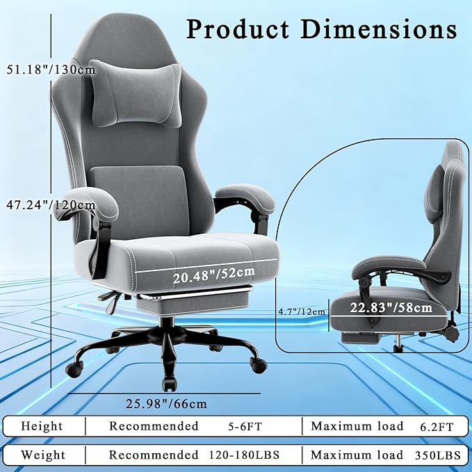 Ergonomic Gaming Chair Video Game Chair with Massage Lumbar Support and Footrest Height Adjustable Fabric Computer Chair with Pocket Spring Cushion