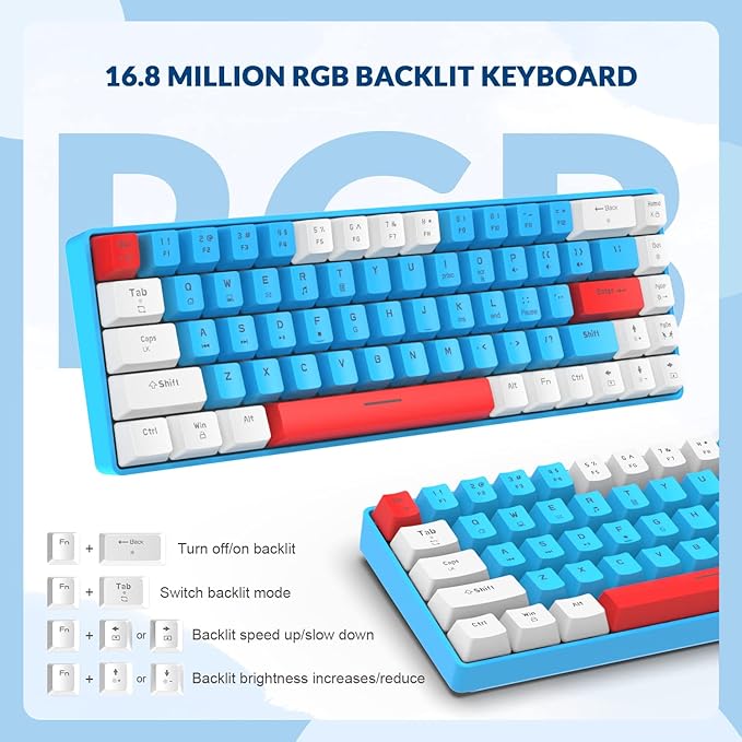 T8 60% Gaming Keyboard68 Keys Compact Mini Wired Mechanical Keyboard with 18 Chroma RGB BacklitBlue SwitchUSB C Coiled Keyboard Cablefor PCLaptopMacPS4Xbox-Blue