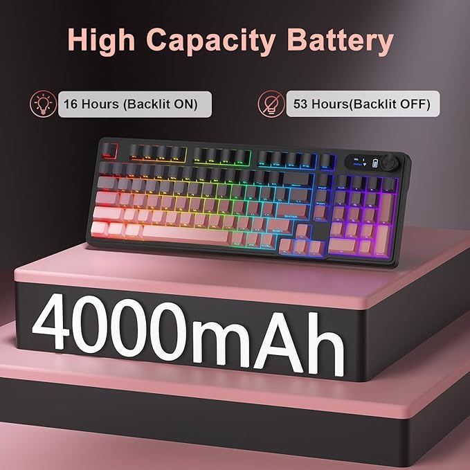 BlueFinger Wireless Gaming Keyboard RGB Backlit Tri-Mode Bluetooth/2.4G/USB-C 98 Keys Quiet Keyboard with Number Pad Volume Knob &amp Screen Side Printed PBT Keycaps for PC/Mac/Laptop