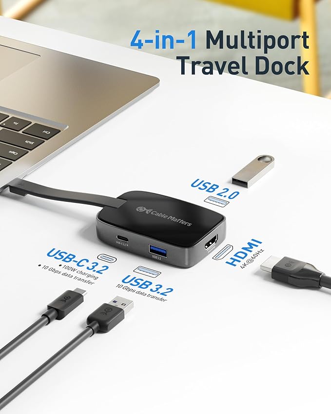 Cable Matters 4-in-1 Portable USB C Hub HDMI 4K@60Hz &amp 100W Charging for iPhone 16/15 Pro 10Gbps USB-C Digital AV Multiport Adapter USBC HDMI Hub Compatible with Thunderbolt 4 for MacBook XPS