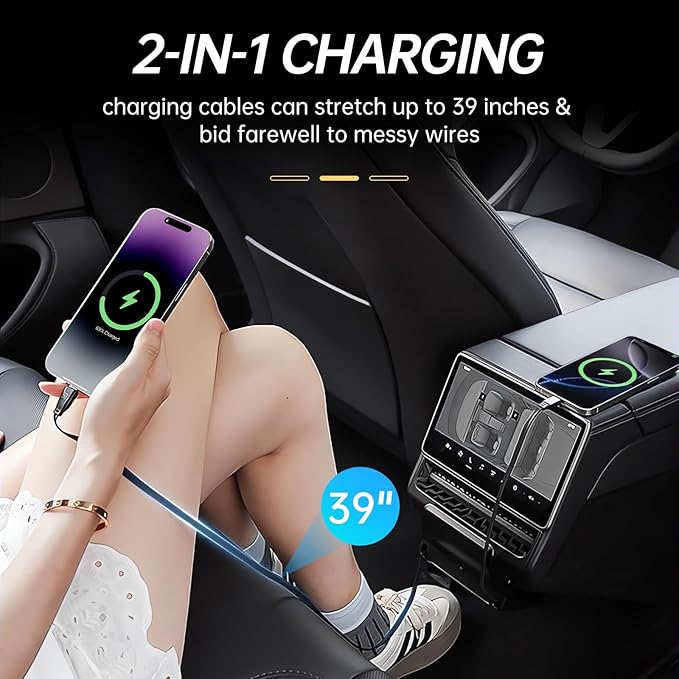 USB Hub for Tesla Model Y Juniper 2025 2026 Model 3 Highland 2024 2025 87W Multi Port Center Console Fast Charger Rear Vent Air Outlet Expansion Cover Docking Station with Retractable Cables