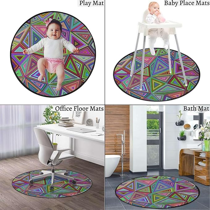 Multicolor Round Area Rug Machine Washable Non Slip Indoor Sofa Floor Area Mat Carpet for Living Room Sofa Bedroom Nursery Decor Modern Design in Rainbow Colors Triangles Diameter 47.2 in